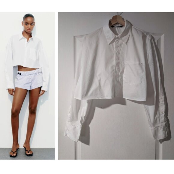 NEW! Zara | Gabardine Fabric Cropped Shirt In White - Picture 1 of 12